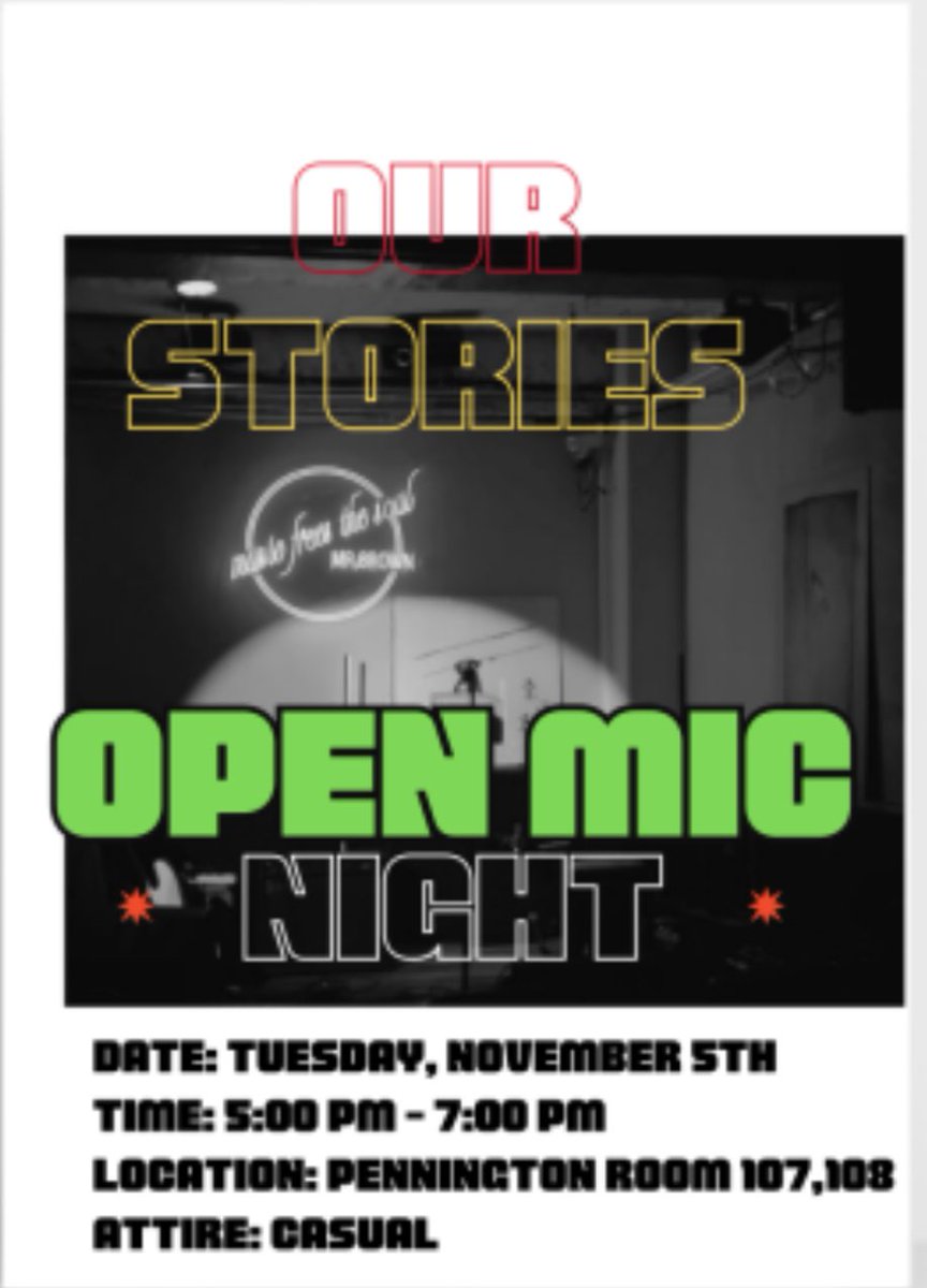 Hey BSU Fam! 🎉 Get ready for an unforgettable Open Mic Night! 🎤 Bring your best stories, thoughts, and talents, and let’s vibe together in a space where you can truly be you. Can’t wait to see you there! 🌟
