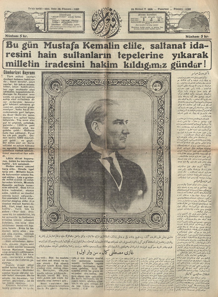 "Bugün Mustafa Kemal'in eliyle, saltanat idâresini hâin sultanların tepelerine yıkarak milletin irâdesini hâkim kıldığımız gündür!"