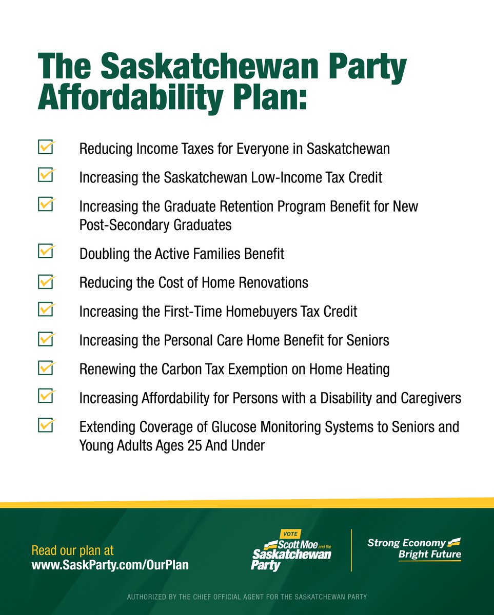 PremierScottMoe's tweet photo. Today is Election Day.  The choice is clear.

The @SaskParty has a plan to make life more affordable for students, for seniors, for homeowners, for families and for everyone.

The NDP plan will mean higher taxes.

To find out where you vote, go to https://t.co/9NXJaeX8AM https://t.co/oOFtKri5WL