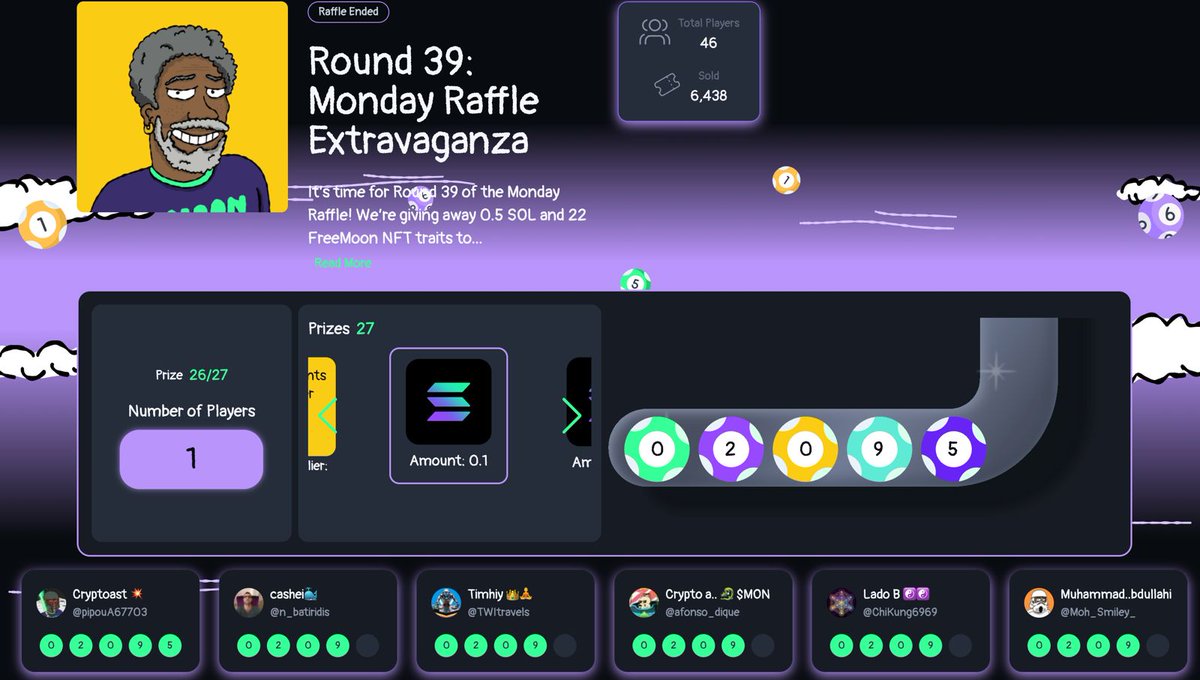 Round 39 was EPIC! 🕹️🎱 27 Prizes were given out &amp; congrats to all the winners including 🤑

@arrozmassa : 0.1 $SOL
<a href="/ConhNFT/">ConhNFT</a> : 0.1 $SOL
<a href="/feldsfc/">feldsfc</a> : 0.1 $SOL
<a href="/pipouA67703/">Cryptoast 💥</a> : 0.1 $SOL
<a href="/TempodeViragem_/">TempodeViragem©</a> : 0.1 $SOL

<a href="/Moh_Smiley_/">Muhammad Abdullahi</a> : 1.5x $MOON Points Multiplier 
<a href="/Tranquilo_Juan/">Tranquilo 🐸 ✨ 𝔹/acc</a> : 2x $MOON