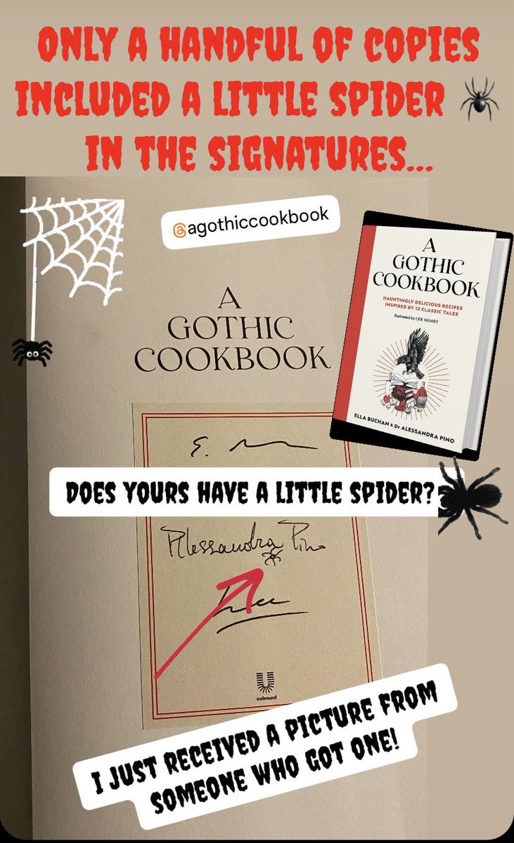 A Gothic Cookbook (@agothiccookbook) on Twitter photo Does your signed copy of <a href="/agothiccookbook/">A Gothic Cookbook</a> have a little spider in the signature?? 🕷️🕸️👀
#AGothicCookbook
#Unbound
#halloween2024 Does your signed copy of <a href="/agothiccookbook/">A Gothic Cookbook</a> have a little spider in the signature?? 🕷️🕸️👀
#AGothicCookbook
#Unbound
#halloween2024