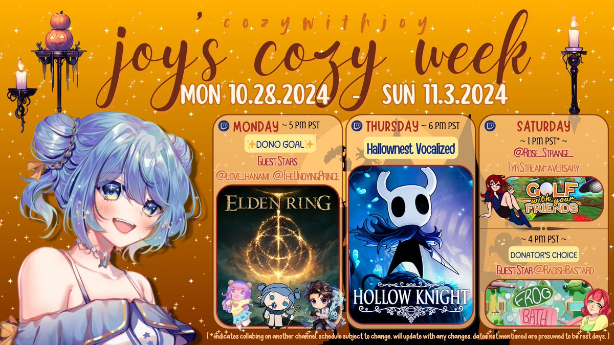 Back from break, and here's the joy weekly! 💙

M: #ELDENRING with friends!
Th: #HallownestVocalized #HollowKnight
Sa:
- Celebrating @rose_renaud_ streamaversary with golf chaos!
- Besties collab <a href="/radish_bastard/">Quartz</a> incoming with Frog Bath!

Ending spooky month on a good note! 🤗