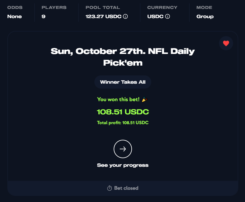 Used <a href="/getduelnow/">DuelNow</a> to turn $15 into $110 - Think I'm getting good at analysing NFL games!
duelnow.com if you'd like to try your luck against your peers! #GGWP #Uptober