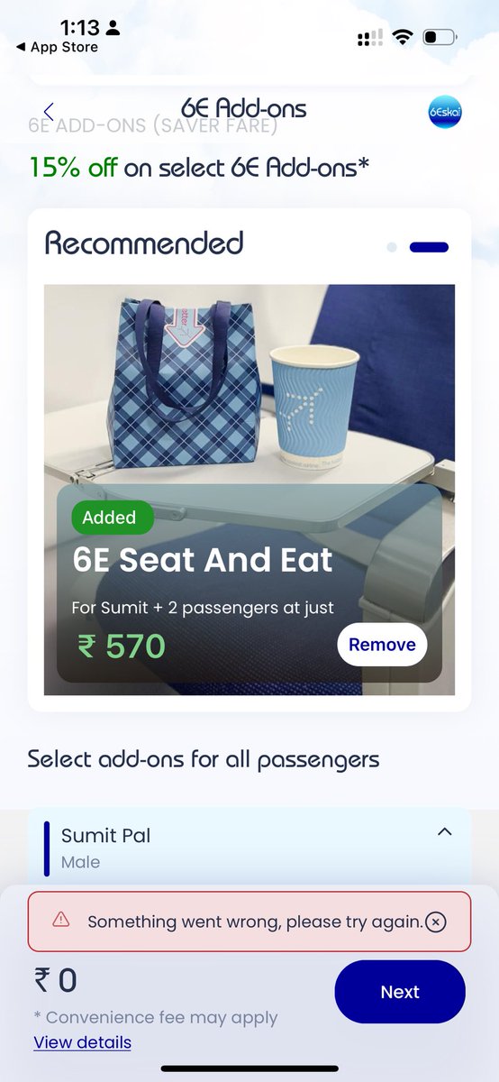 sumitpal29's tweet photo. @IndiGo6E please fix your app, not able to allot seat, meal. Trying for last couple of days and throwing different errors. Is this what we should expect from a reputed company like Indigo? A newborn is travelling with me this time and am not able to book xl seats. https://t.co/uLkIHTET9v
