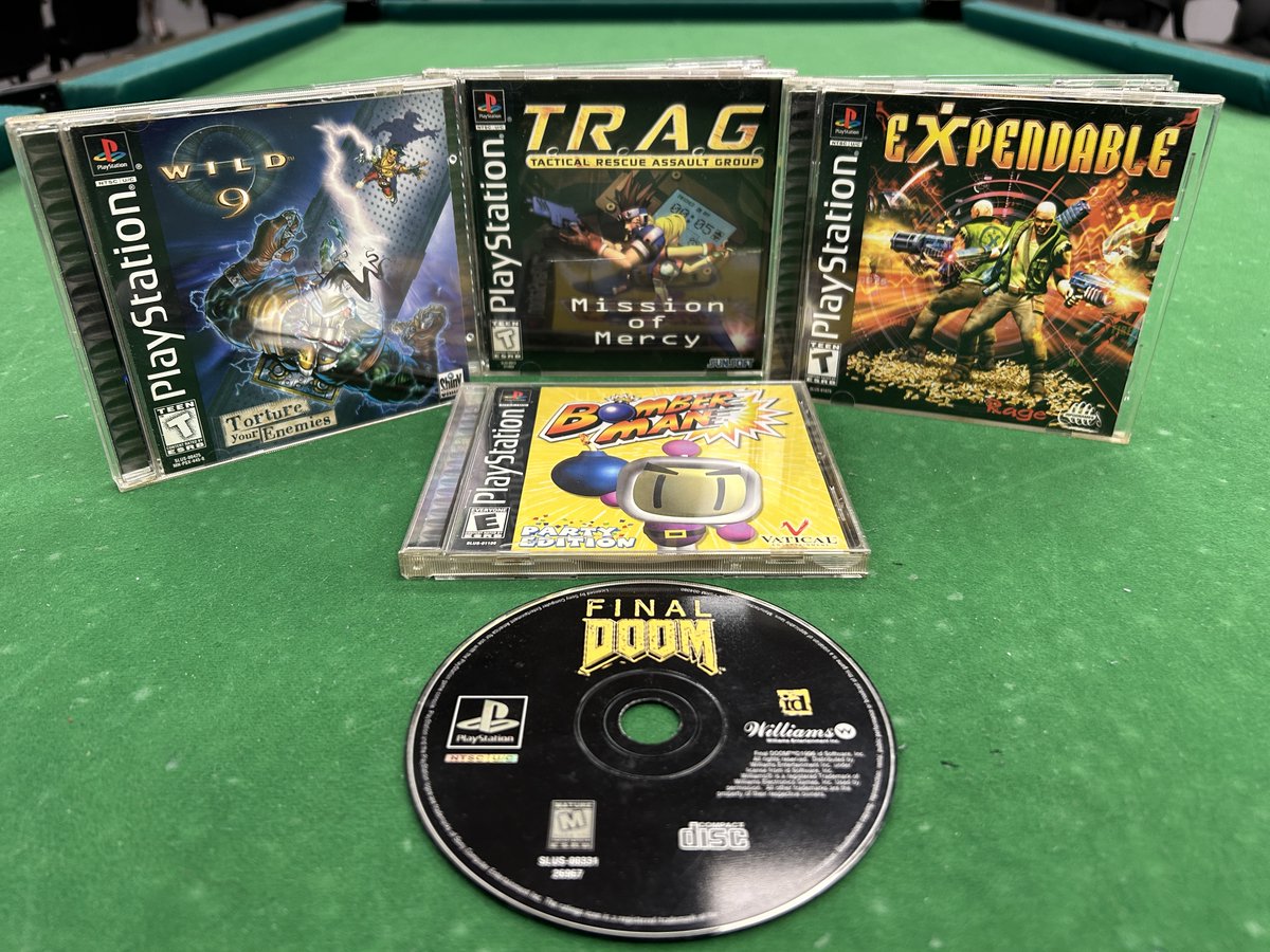 OneUpGamer's tweet photo. The #PS1 had such a great library.
#PlayStation #PlayStation1 #retrogaming #retro #retrogamer #retrogame #retrogames #DOOM #FinalDoom #Wild9 #TRAG #Expendable #BomberMan https://t.co/itQ7pF11bm