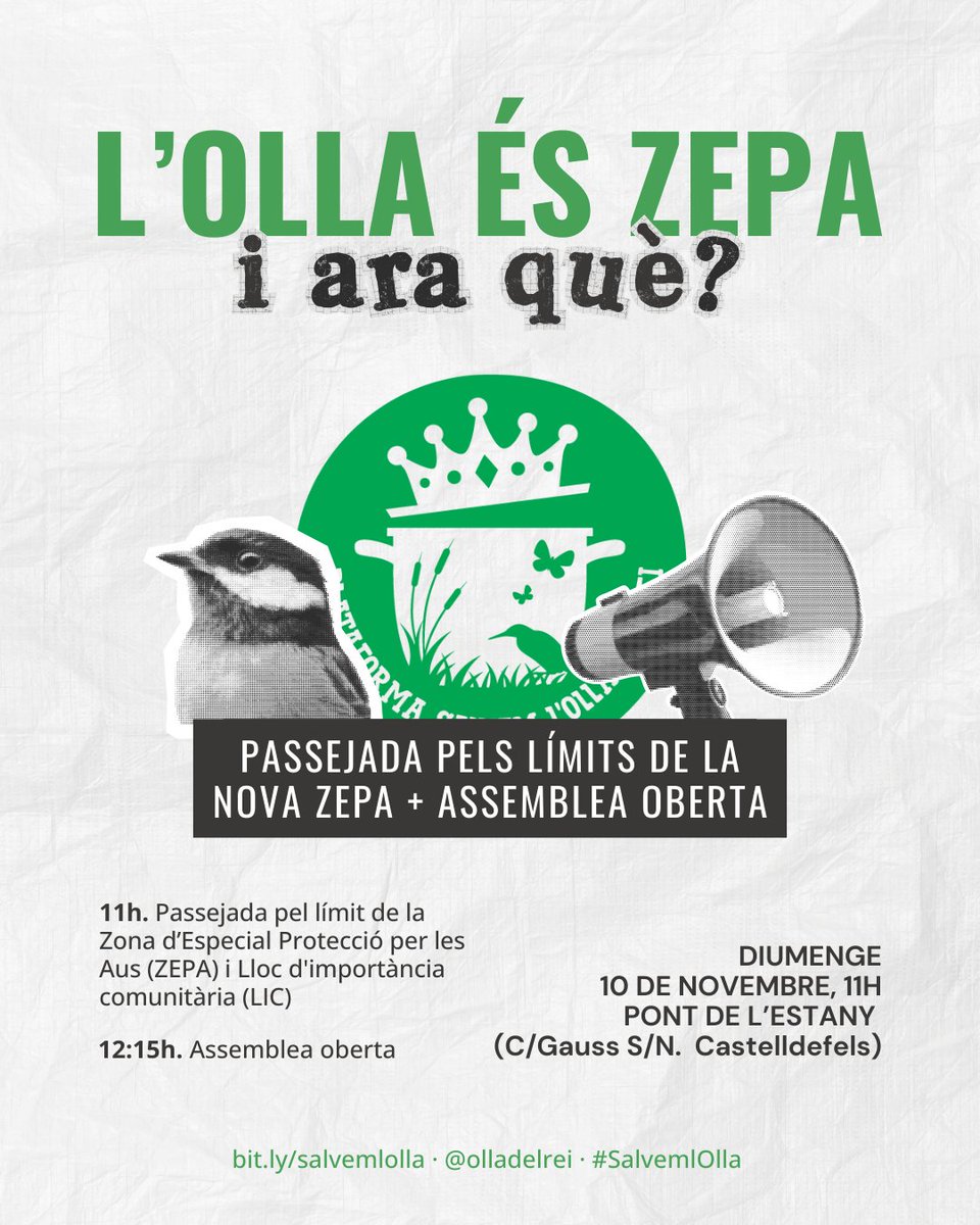 ⚠️ L’Olla ha aconseguit protecció europea, però encara no està fora de perill.

Zones que encara tenen risc d'urbanització, vessaments d'aigües residuals… 🛑

Participa en la visita guiada i assemblea per seguir protegint aquest espai únic! #SalvemlOlla