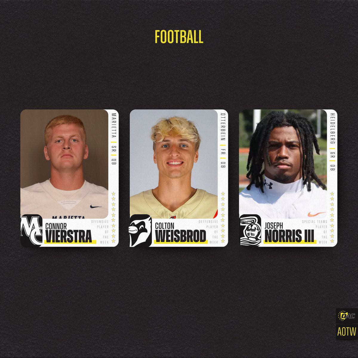 OHAthleticConf's tweet image. Athletes of the Week | Football🏈  

Connor Vierstra, @mariettapioneer
Colton Weisbrod, @ott_athletics
Joseph Norris III, @bergathletics

#OAC #OACfb
