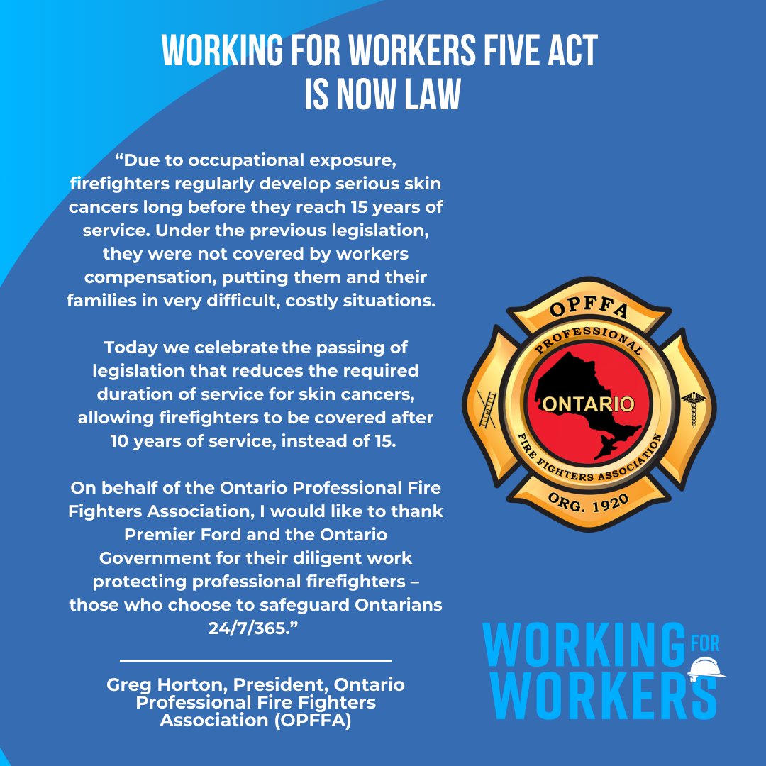 DavidPiccini's tweet image. Thank you to @OPFFA and Greg Horton for your leadership on #Bill190. 

Your advocacy &amp;amp; partnership helped us strengthen firefighter protections. Together we've implemented the lowest required service duration for primary-site skin cancer in 🇨🇦. 

Proud to serve those who serve.