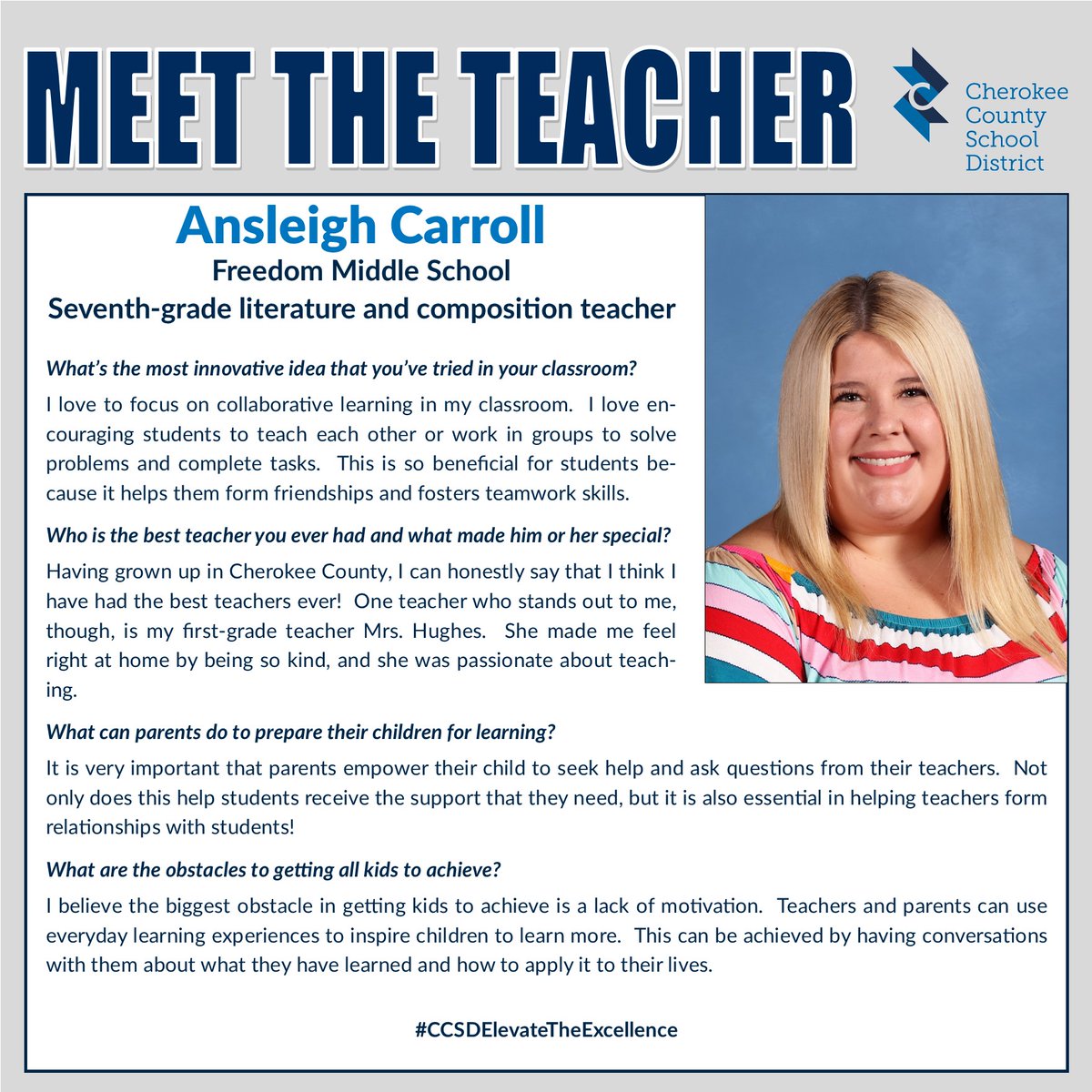 Our amazing teachers are Elevating The Excellence in our schools … and every week, you’ll get to know one of them better through a Q&amp;A posted here. #CCSDElevateTheExcellence