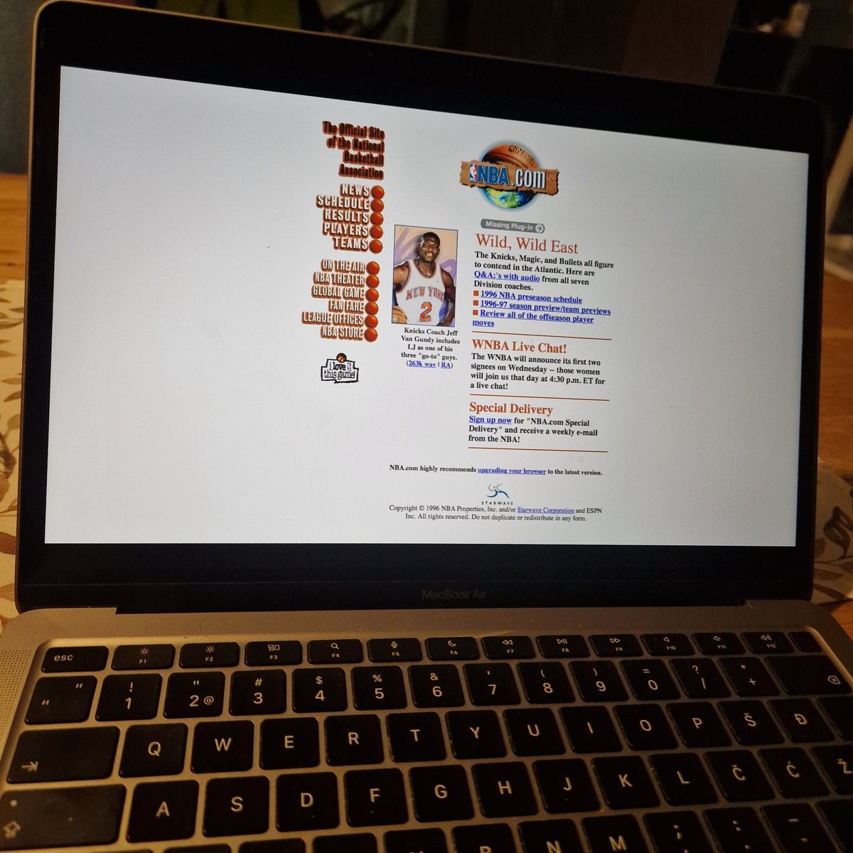 First website I ever opened was nba.com This is how it looked like in 1996. :-)