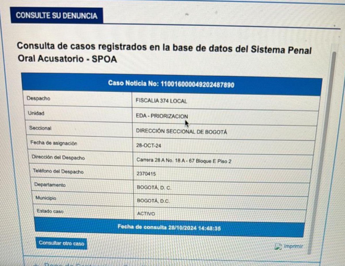 La Fiscalía de Luz Adriana Camargo ordenó la “priorización” de la temeraria noticia criminal en mi contra, después de mi denuncia el fin de semana. 

Solo hay dos posibilidades: que el fiscal al que le asignaron el caso archive, porque obviamente no tienen sustento alguno. El