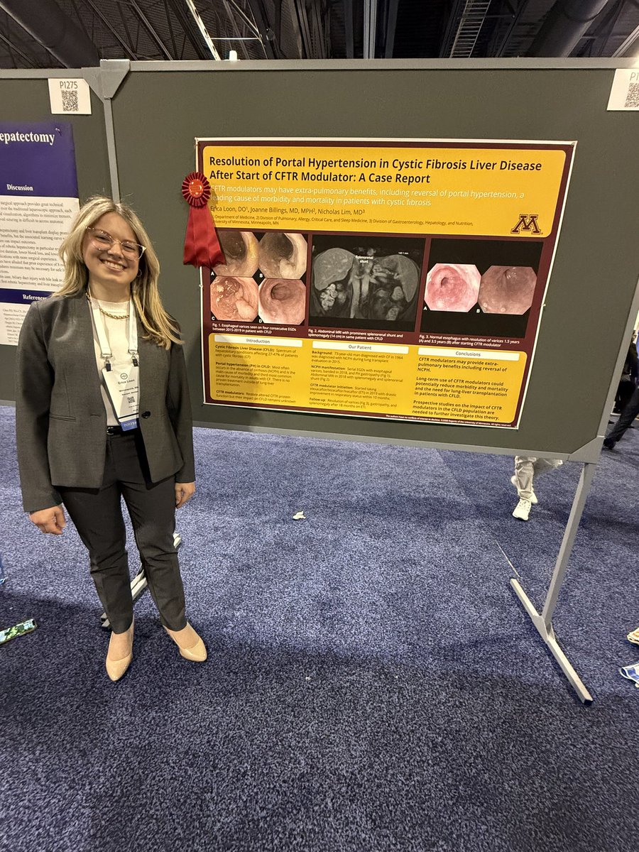 Congrats to @UMN_IM resident <a href="/EricaLoonDO/">Erica Loon, DO</a> who won Outstanding Poster Presentation at #ACG2024 

Resolution of Portal Hypertension in CFLD on CFTR modulator therapy

Well done Erica! 👍🏾