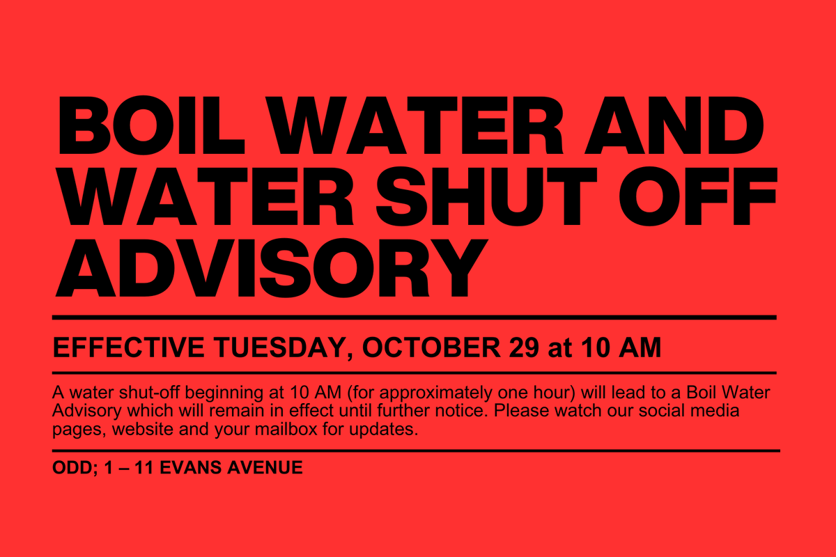 CityFlinFlon's tweet photo. WATER SHUT OFF AND BOIL ADVISORY
Begins Tuesday, October 29, 2024 at 10 AM
ODD: 1 to 11 Evans Avenue
Details here: https://t.co/xGaZ43Q2of https://t.co/OgQwp9GFHl