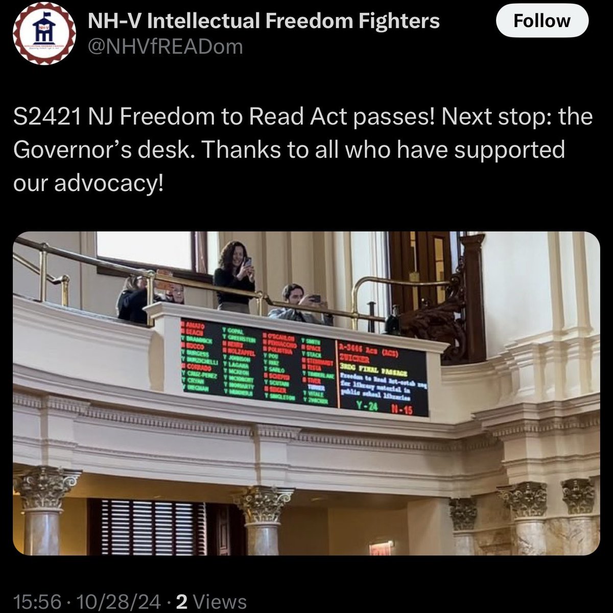 OccupyLibraries's tweet photo. There it is. New Jersey’s leading child gr••mer Martha Hickson gloats #S2421 #A3447 Freedom to Read Bill passed—so school #librarians have the freedom to gr••m despite:

Federal and state obscenity laws
Federal and state constitutions
SCOTUS Pico case

#parenting #moms #dads https://t.co/0kGIsguVeI