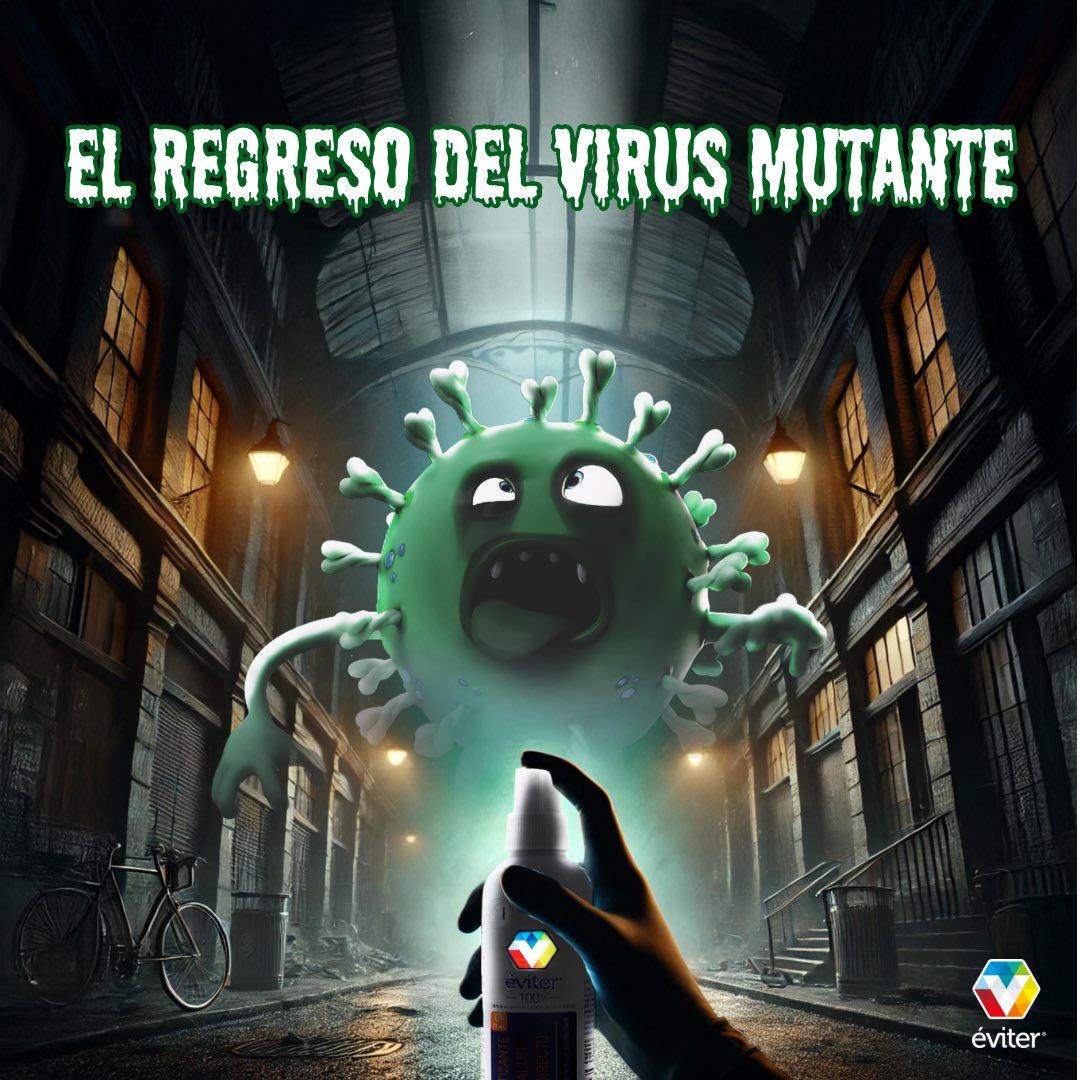 EviterMX's tweet photo. "El regreso del virus mutante" - Un virus que solo los productos Éviter pueden detener. 🦠 
¡Protege a tu familia con nanotecnología avanzada y elimina el 99.99% de virus, hongos y bacterias hasta por 72 HORAS! 🙌🙌 https://t.co/LkBXJACrWQ