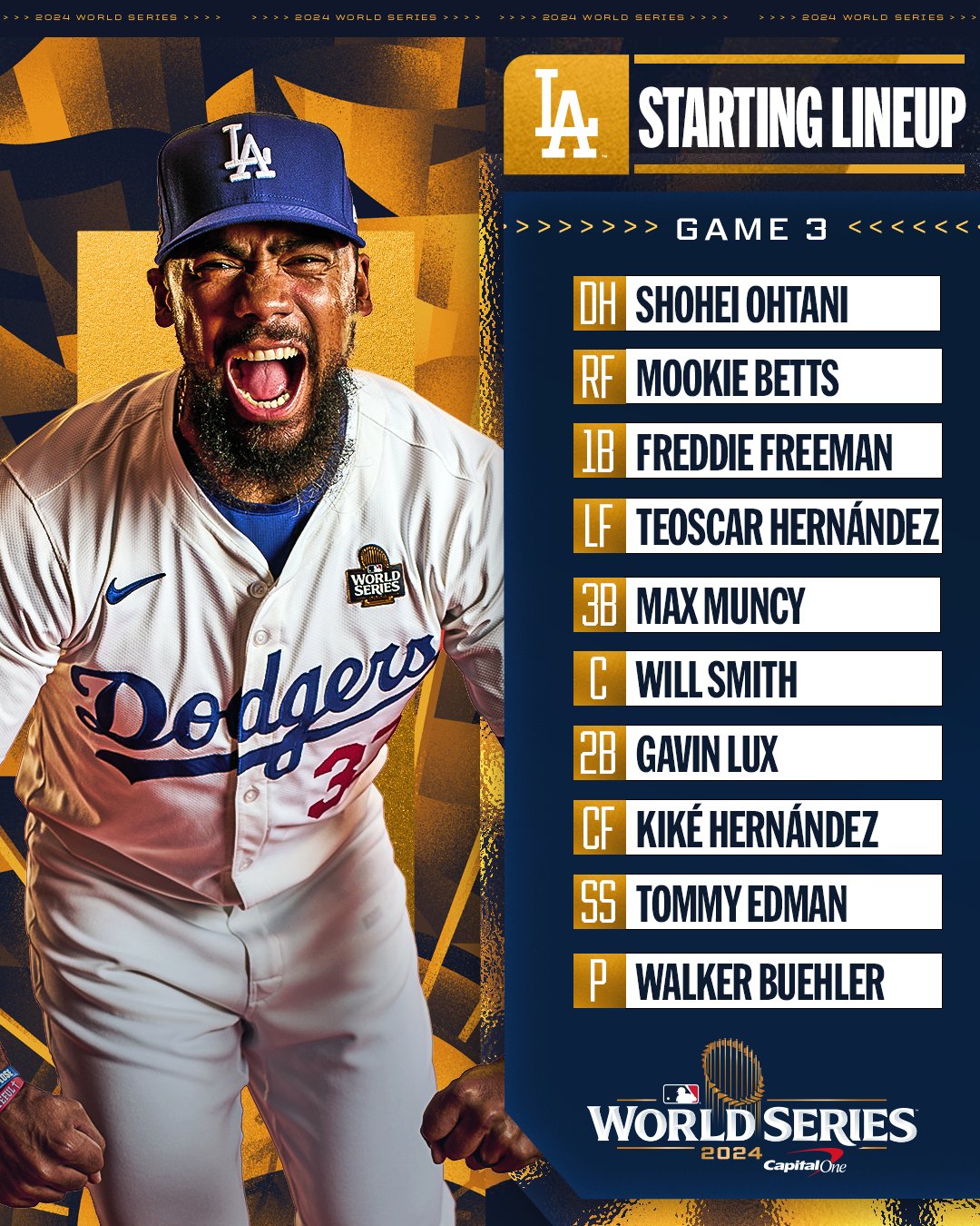 Game 3 Starting lineup: Dodgers
1 Shohei Ohtani, DH
2 Mookie Betts, RF
3 Freddie Freeman, 1B
4 Teoscar Hernández, LF
5 Max Muncy, 3B
6 Will Smith, C
7 Gavin Lux, 2B
8 Kiké Hernández, CF
9 Tommy Edman, SS
P Walker Buehler
Pictured: A cutout of Teoscar Hernández yelling at the camera from World Series media day. He wears a home white Dodgers uniform.