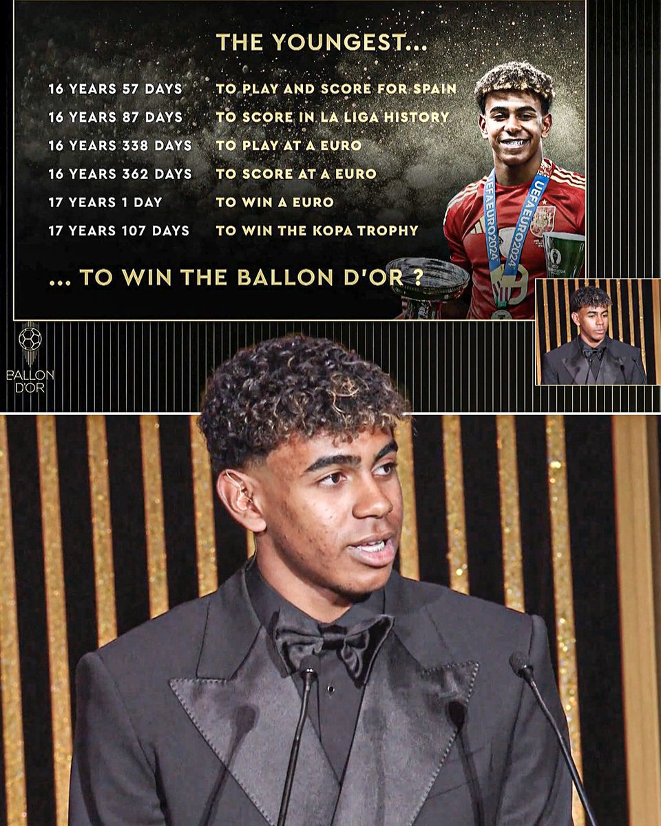 ESPNFC's tweet photo. The first thing Lamine Yamal did when they showed all of his accomplishments at his age was thank his teammates 🥲❤️ https://t.co/D9TyEqshty