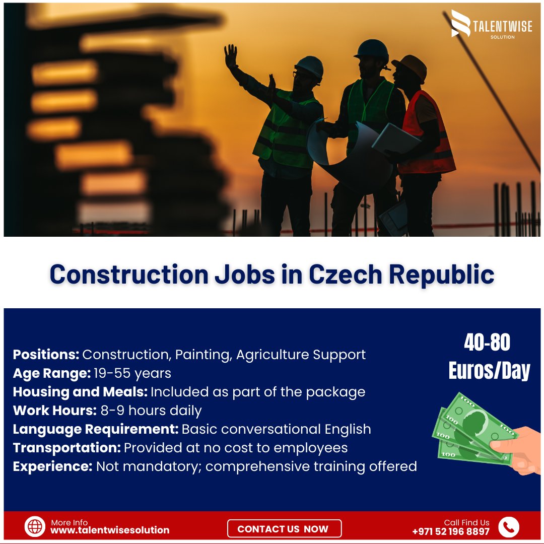 talentwisesoln's tweet image. 🔨 Urgent Hiring: Construction Workers Needed in the Czech Republic! 🇨🇿

📞 Contact us today at +971 52 196 8897
🌐 Visit: linktr.ee/TalentWiseSolu…
#ConstructionJobs #CzechRepublic #TalentWiseSolution #WorkAbroad #HiringNow