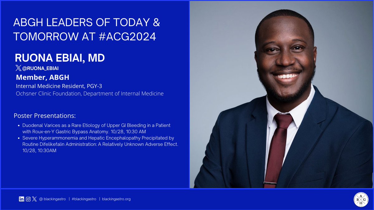 blackingastro's tweet photo. We are SO very proud of Dr. Ebiai, ABGH member and PGY3 in IM who has 2️⃣ poster presentations today! Kudos on your scholarship, doc!
#blackingastro at #ACG2024 https://t.co/hSIhEFeFO9