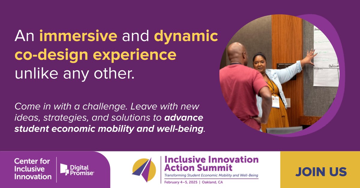Kimberly Smith (@k12kimsmith) on Twitter photo REGISTRATION IS OPEN for our 2025 Center for Inclusive Innovation workshop-style convening -- the <a href="/DigitalPromise/">Digital Promise</a> Inclusive Innovation Action Summit! Feb. 4ā5, 2025 in Oakland, CA. 100% customized to your district's context. tinyurl.com/actionsummit25 REGISTRATION IS OPEN for our 2025 Center for Inclusive Innovation workshop-style convening -- the <a href="/DigitalPromise/">Digital Promise</a> Inclusive Innovation Action Summit! Feb. 4ā5, 2025 in Oakland, CA. 100% customized to your district's context. tinyurl.com/actionsummit25