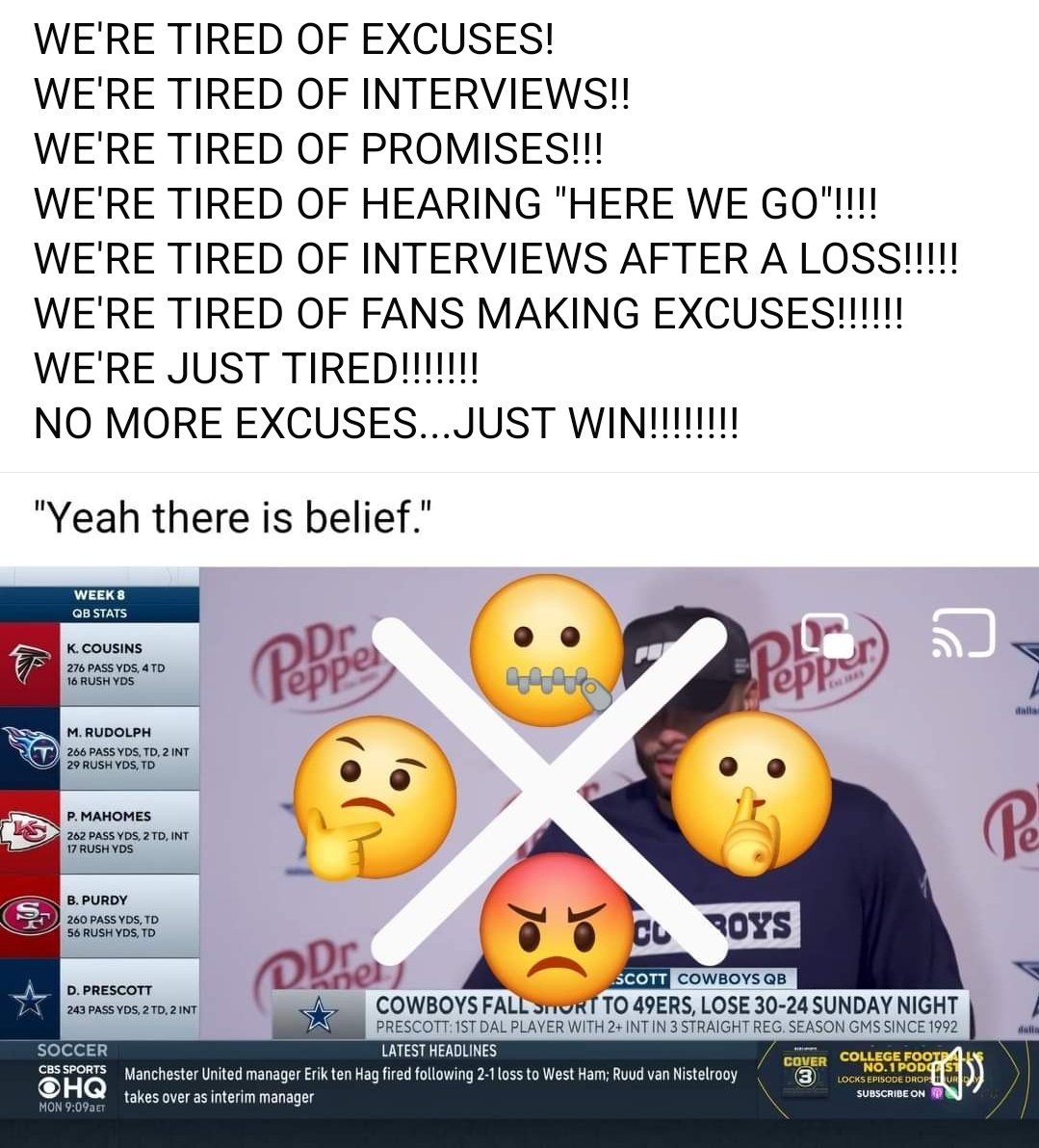 RodneyOHara1's tweet photo. @dallascowboys JUST WIN!!!! 
We've heard all of the excuses.
We've heard all of the good sounding quotes...
JUST HUSH UP &amp; WIN...JERRY GET OFF TV &amp; 🛑 TALKING &amp; SIT DOWN SOMEWHERE https://t.co/X5AQpBZHXl