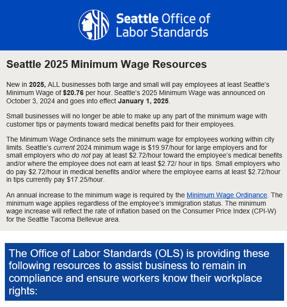 #knowyourrightsmonday
 Seattle's minimum wage will increase on January 1, 2025, to $20.76 per hour for ALL businesses both large and small. Visit seattle.gov/laborstandards…
for resources and to learn your rights and responsibilities under Seattle's Minimum Wage Ordinance.