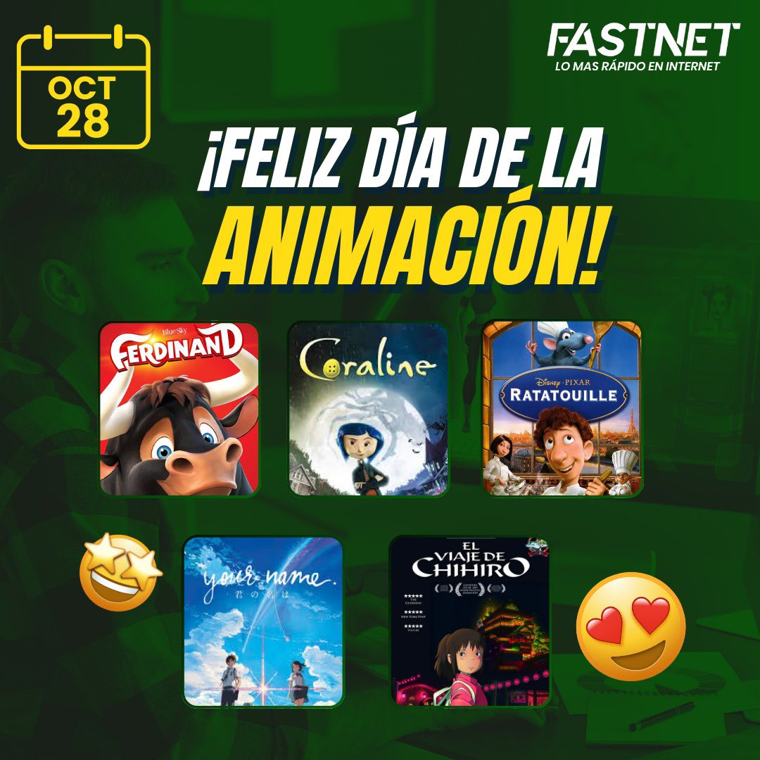 fastnetcomec's tweet photo. 🎉¡Feliz Día de la Animación!🎊

🤗Para celebrar te dejamos nuestro Top 5 de películas animadas.

👉Disfrútalas con la conexión ultra veloz de #Fastnet 

#conexión #internet #díadelaanimación #anime #animación https://t.co/g56dXQJSc0