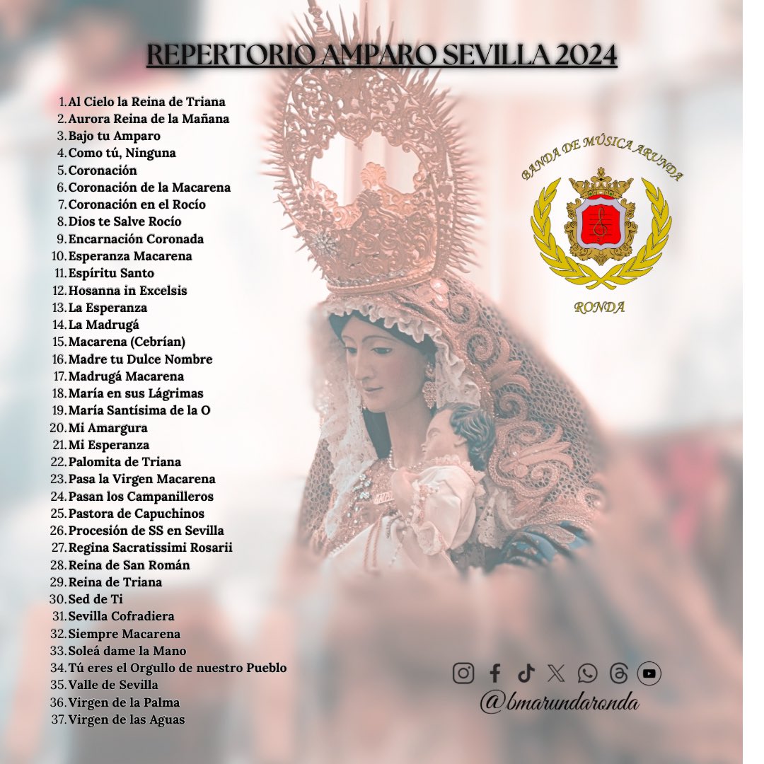 BMArunda's tweet photo. Este es el repertorio que podría haber sido para el pasado sábado tras nuestra Madre del 𝐀𝐦𝐩𝐚𝐫𝐨 ✨

Solo nos queda restar días⌛️ 

📲#𝐒𝐮𝐞𝐧𝐚𝐀𝐫𝐮𝐧𝐝𝐚 #𝐑𝐨𝐧𝐝𝐚 #𝐁𝐚𝐧𝐝𝐚𝐬𝐌𝐋𝐆 https://t.co/0WFVeQVpKA