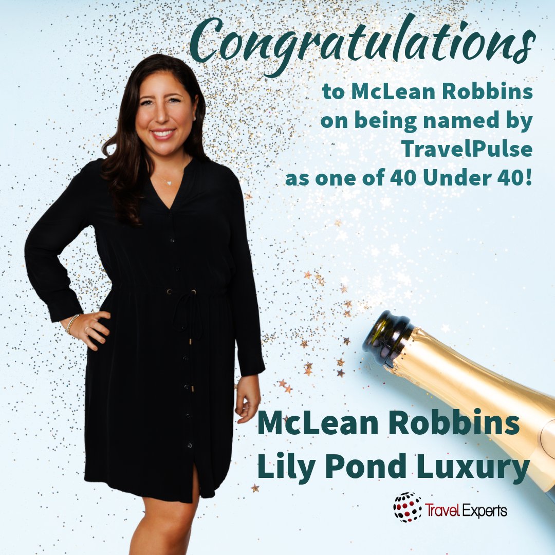 Congratulations to McLean Robbins, owner of Lily Pond Luxury and one of our Travel Experts advisors!  McLean was named one of 40 Under 40 by TravelPulse. loom.ly/e8hOPP8
#lilypondluxury