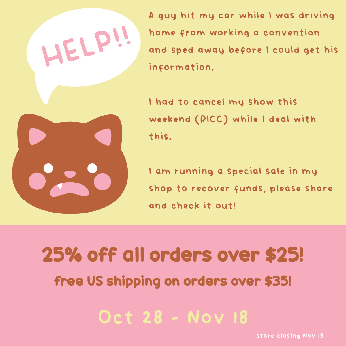 dressydeerart's tweet photo. Unfortunately I had a hit and run car accident this weekend and will not be selling at Rhode Island Comic Con.  I am running a s@le from now until Nov 18 (and then closing the sh0p for the holidays!)

Shares appreciated!! 💖 https://t.co/bxkgMqIhEn