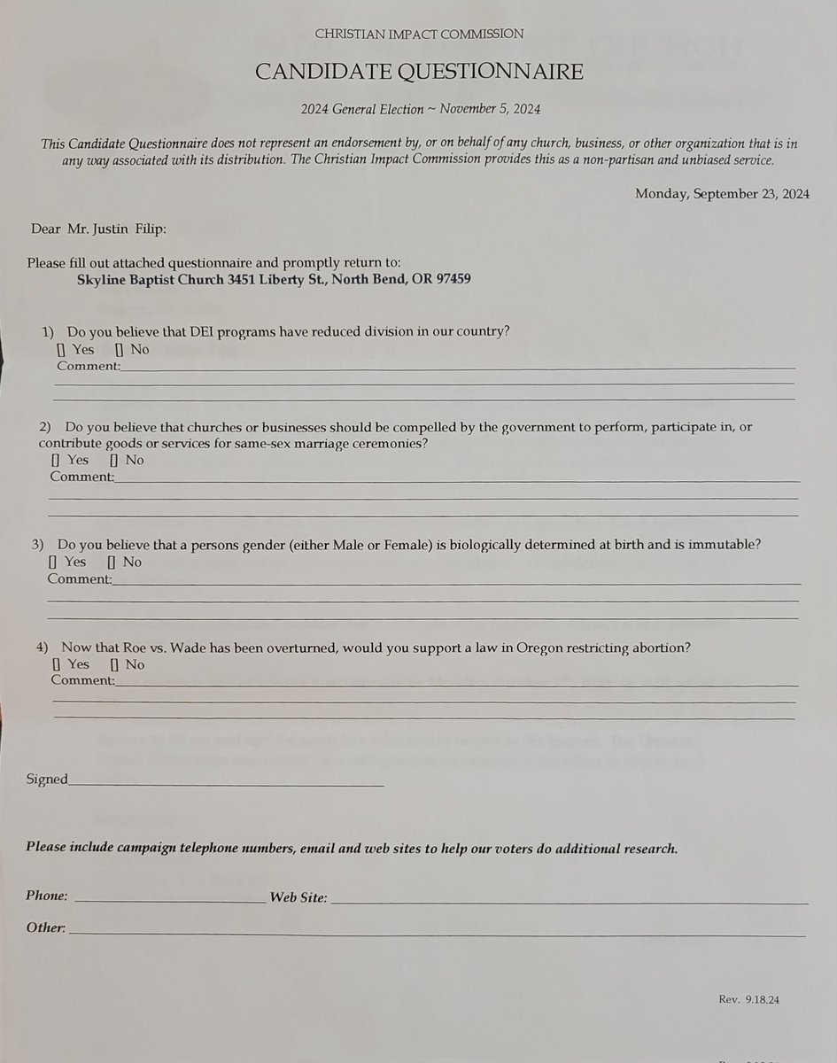 justin4OR's tweet photo. This candidate questionnaire from the Christian Impact Commission is something else. https://t.co/ne8xyN4tVe