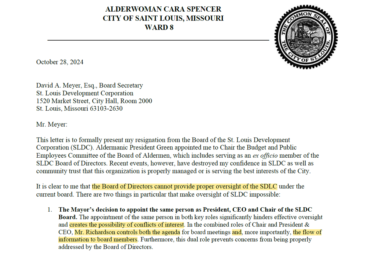 MarkMaxwellTV's tweet photo. Alderwoman Cara Spencer resigns her post on the board of the St. Louis Development Corporation, citing barriers in transparency over contracts and conflicts of interest. 

"Recent events, however, have destroyed my confidence in SLDC..."

Spencer is running for mayor in 2025 https://t.co/4VrO8GcqWy