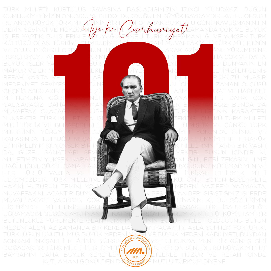 Cumhuriyetimiz bugün 101 yaşında. Özgürlüğümüzün temsili olan bu bayram gününde, büyük emek verilmiş Milli Mücadelemizi anıyor; bağımsızlık ve Cumhuriyet sevgisini kalbimizde taşıyoruz. 29 Ekim Cumhuriyet Bayramımız kutlu olsun. 🇹🇷

İyi ki Cumhuriyet!