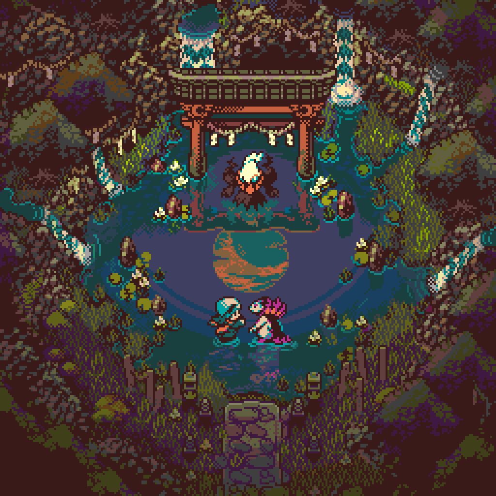 Mythical Encounters in ancient Hisui: the Shrine at Newmoon Island Grove

artwork provided to us by <a href="/zaebucca/">Zaebucca</a> 

#pixelart