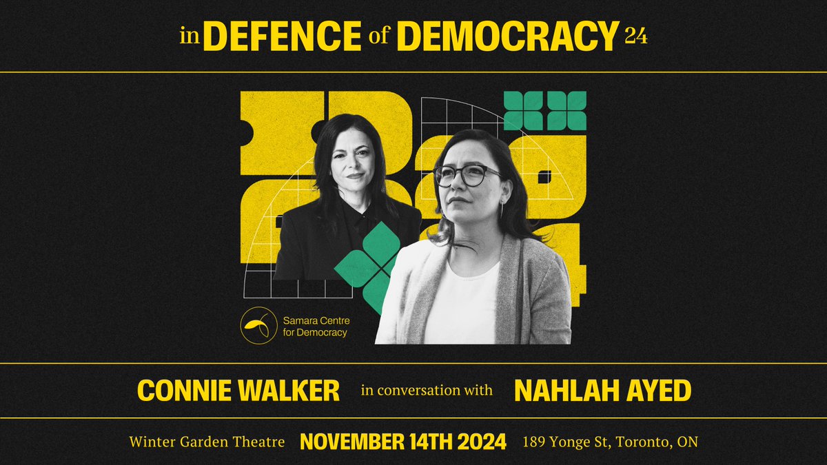 CIAJ_ICAJ's tweet photo. Don’t miss this year’s In Defence of Democracy hosted by @thesamaracentre featuring Pulitzer &amp; Peabody-winning journalist @connie_walker! She will be in conversation with @NahlahAyed, host of @cbcideas
🎟️ Tickets: https://t.co/WKQj4VkudN https://t.co/IiEuMUUFD1