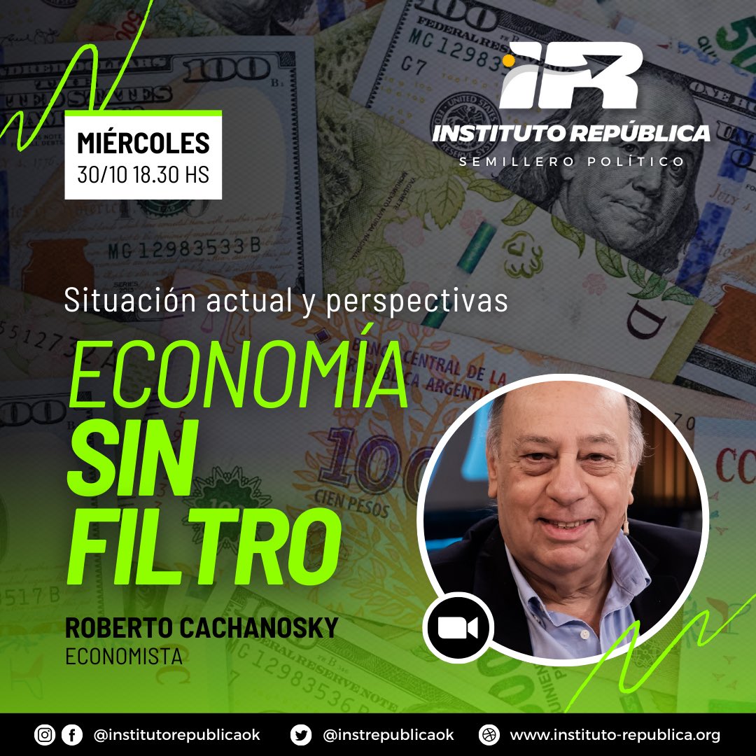 instrepublicaok's tweet photo. ¿CACHAS LA ECONOMÍA? 📈🤔
Si querés entenderla o tenés dudas, preguntale a Cacha.
Participá de la charla debate “Economía sin filtro: Situación actual y perspectivas” a cargo del economista @RCachanosky 
🕒 Miércoles 30/10, 18.30 hs.
💻 Virtual por Zoom -solicitá el link-. https://t.co/ZyDNnd2v6I