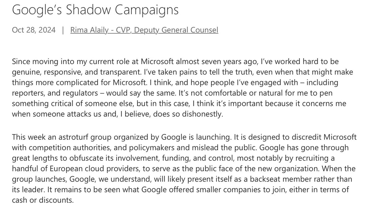 Google is engaging in astroturfing efforts to discredit Microsoft with competition authorities and policymakers &amp; mislead the public: aka.ms/GoogleShadowCa…