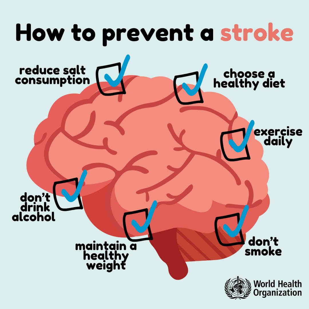 United Nations (@un) on Twitter photo Tuesday is #WorldStrokeDay.
You can limit your risk of stroke:
๐ญ๐บ Avoid tobacco and alcohol
๐ฉบ Manage blood pressure, cholesterol & diabetes
๐ Eat healthy foods
๐ด Exercise
More from <a href="/WHO/">World Health Organization (WHO)</a>: bit.ly/35Hydwk Tuesday is #WorldStrokeDay.
You can limit your risk of stroke:
๐ญ๐บ Avoid tobacco and alcohol
๐ฉบ Manage blood pressure, cholesterol & diabetes
๐ Eat healthy foods
๐ด Exercise
More from <a href="/WHO/">World Health Organization (WHO)</a>: bit.ly/35Hydwk