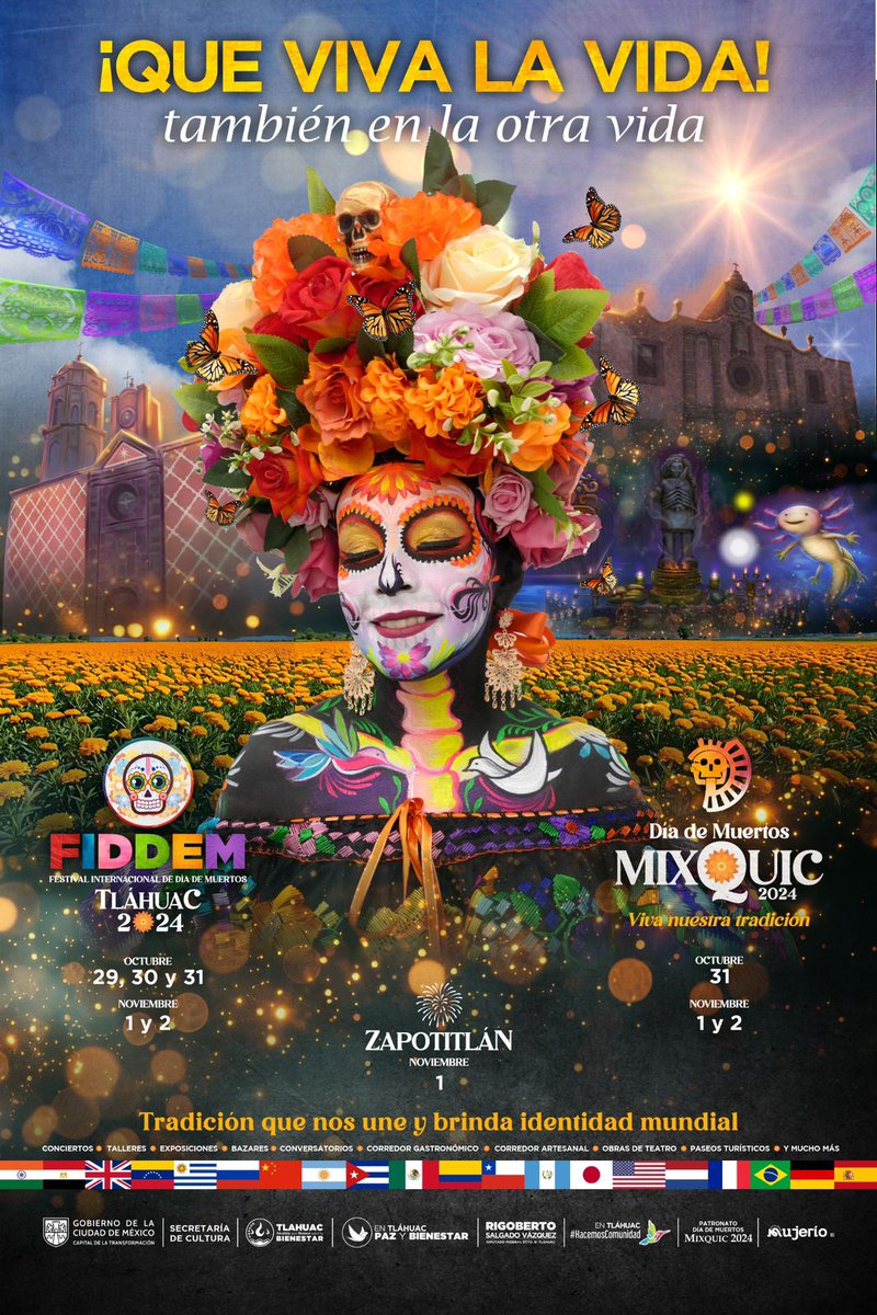 turismocdmx's tweet photo. ¡Que viva la vida, también en la otra vida!💀🌸
Los barrios originarios de Tláhuac te invitan al Festival Internacional de Día de Muertos #FIDDEM 2024.🧡
Del 29 de octubre al 2 de noviembre, actividades culturales, te dan la bienvenida.
Consulta: https://t.co/Yv0wDfg64z https://t.co/zLGUuSxWBd
