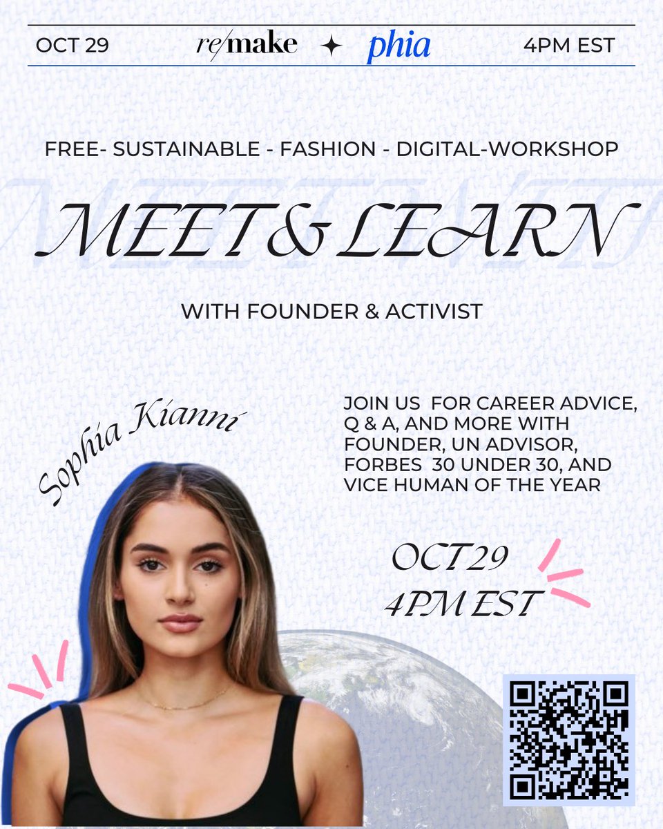 Remake (@remakeourworld) on Twitter photo Tomorrow: Join us for a virtual Meet and Learn with Founder & Activist <a href="/SophiaKianni/">Sophia Kianni</a> at 4pm EST! We'll learn about Sophia's activist journey, including co-founding Phia, a fashion tech platform advancing sustainability. Register here: hubs.li/Q02W37bn0 Tomorrow: Join us for a virtual Meet and Learn with Founder & Activist <a href="/SophiaKianni/">Sophia Kianni</a> at 4pm EST! We'll learn about Sophia's activist journey, including co-founding Phia, a fashion tech platform advancing sustainability. Register here: hubs.li/Q02W37bn0