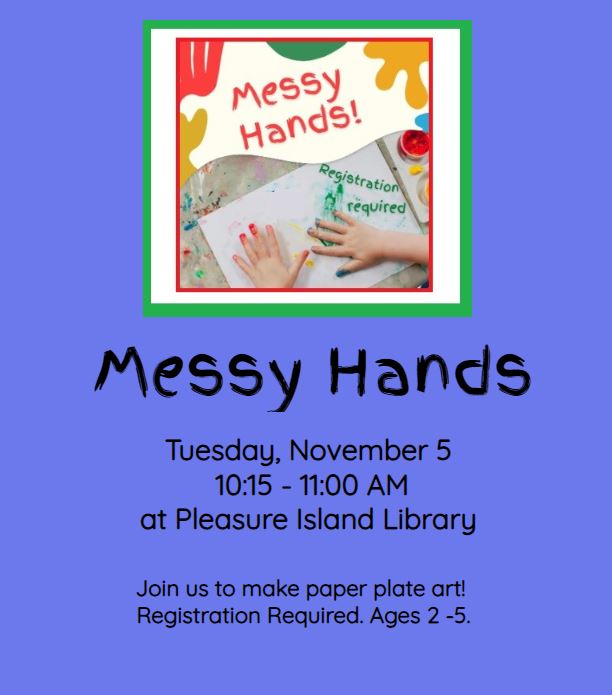 Come join us at the Pleasure Island Library on Tuesday, November 5 for a fun paper plate painting activity. 
Registration Required. 
loom.ly/NHDLcro