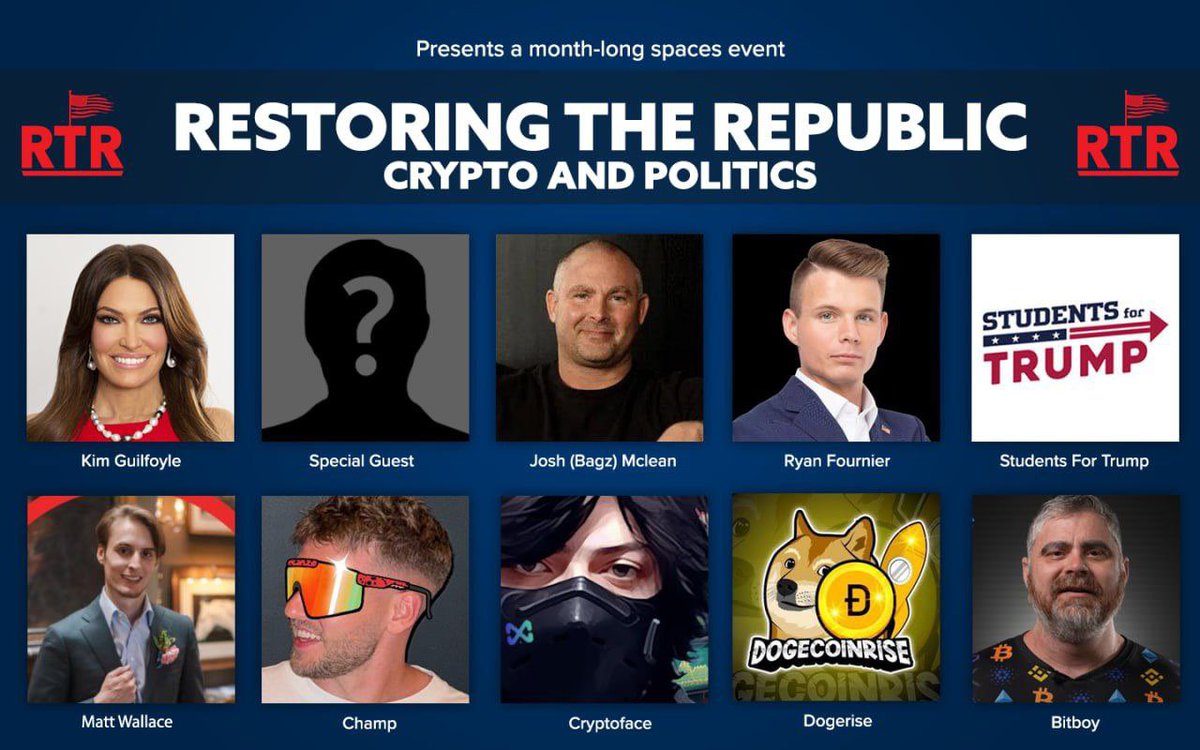 RestoretheRep's tweet photo. Another fire episode of “Crypto &amp; Politics” is coming your way featuring @kimguilfoyle &amp; a standout $RTR crew🍿

Join us on 10/31 at 10:30am EST for a deep dive into our partnership with @TrumpStudents and exciting future plans

@RyanAFournier @icebagz_ 
@BoHines @MattWallace888 https://t.co/u8ERV9V6Ge