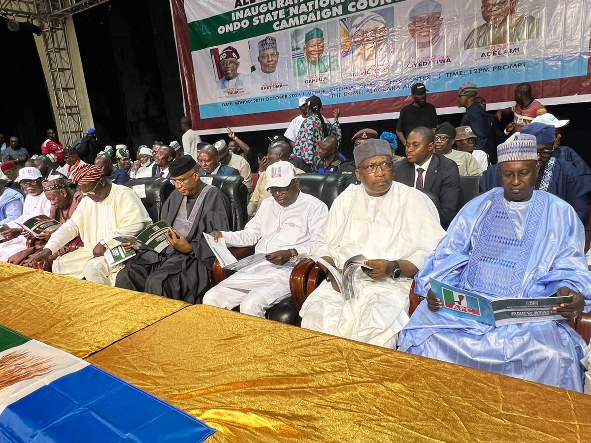 The Inauguration of APC Campign Council for Ondo elections took place today in Akure. The Council is headed by Lagos State governor. The secretary is Omo-Agege, former deputy Senate President. The election is scheduled for 16th November 2024.