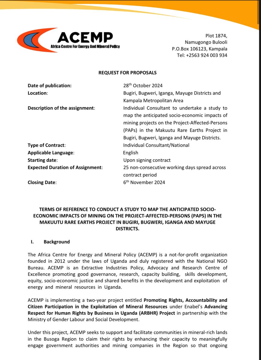 📣Call for proposals: ACEMP is seeking the services of an Individual Consultant to undertake a study to map the anticipated socio-economic impacts of mining projects on the Project-Affected-Persons
(PAPs) in the Makuutu Rare Earths Project. Details 👉🏾 drive.google.com/drive/folders1…