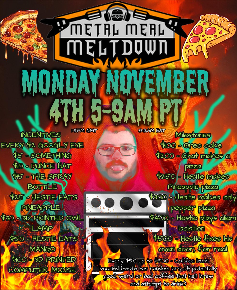 <a href="/MetalMealMelt/">MetalMealMeltdown</a>  IS STARTING ON SATUDAY THE 2ND AND MY BLOCK IS ON MONDAY AT 5-9AM PST (8AM-12PM, 1-5PM GMT). 
PLEASE COME JOIN ME MAKE PIZZAS AND CAUSE CHAOS FOR THE MOST METAL CAUSE POSSIBLE  

THE KIDS NEED OUR HELP, AND HELP WE SHALL

tiltify.com/@itshestie/its…