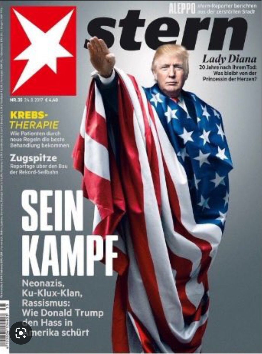 Nick_1623's tweet photo. @RonFilipkowski @NotHoodlum this is an actual 2017 magazine cover from Germany.  Germany and the rest of the  world knows trump is a fascist. https://t.co/fV381m5yJM