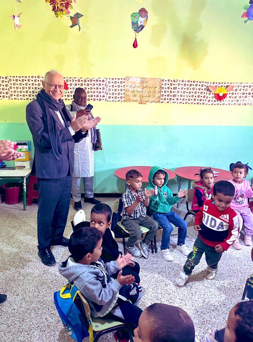 he_belhocine's tweet photo. As part of @_AfricanUnion #yearofeducation  I am visiting Saharawi Refugees Camps to take stock of the education system in fragile settings and explore how AU could support more on promoting education for refugees. I met Honorable Minister of Education and his team & visited  kindergarten of Boujdour Camp.