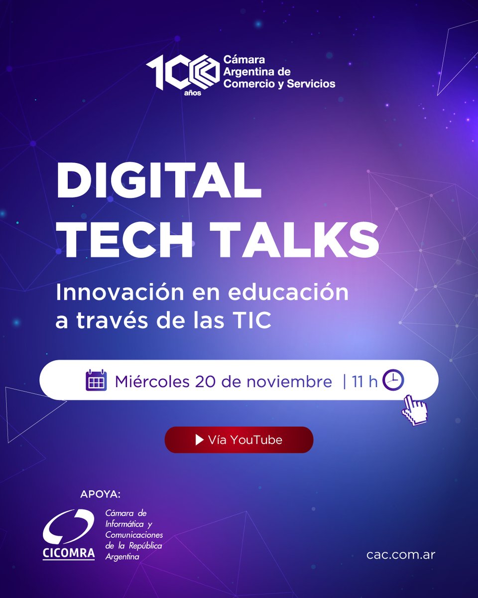 CACteinforma's tweet image. 📢 ¡El próximo webinar de #DigitalTechTalks se acerca!

Si te apasiona la tecnología, no te podés perder “Innovación en educación a través de las TIC” a realizarse el 20 de noviembre a las 11H, vía YouTube.

Inscribite en shorturl.at/jD0cR