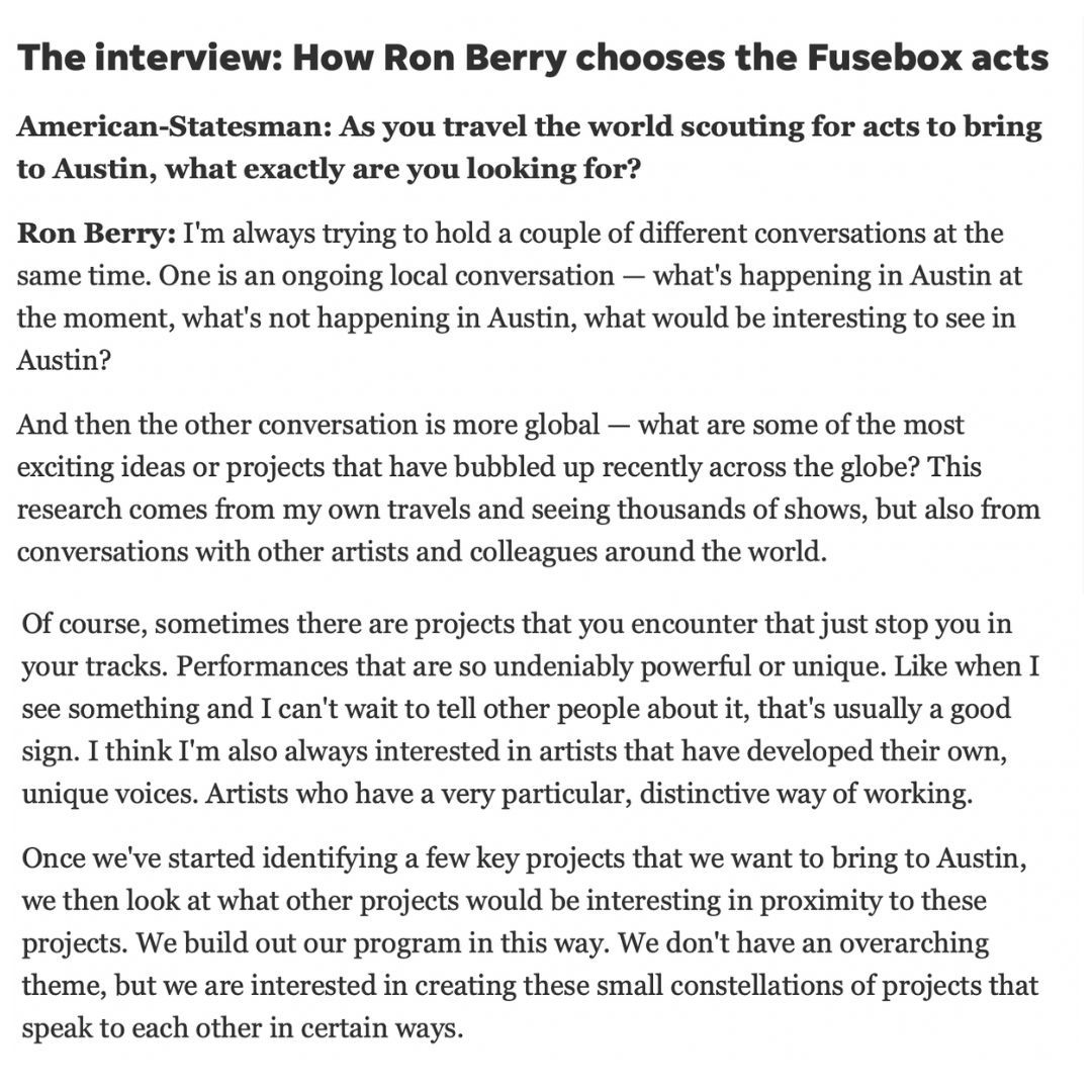 Our Executive and Co-Artistic Director Ron Berry sat down with Michael Barnes of the Statesman and dove deep into what makes Fusebox special and what goes on behind the scenes to bring our programming to life.  Check out the rest of the article: buff.ly/3NKGvd8
