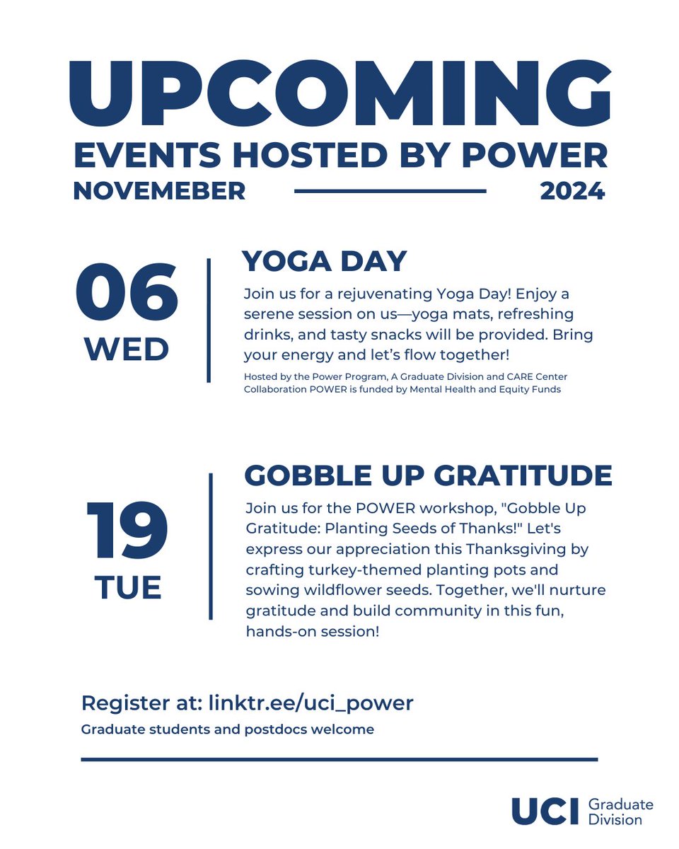 UCIrvineGD's tweet photo. Celebrate gratitude this season! Join us for Yoga Day (mats &amp; snacks provided) and our "Gobble Up Gratitude" workshop to craft and plant together. Let’s grow connections! 🌱☀️ 

🔗 RSVP at: https://t.co/hFbxSexi7M

#UCIGradLife https://t.co/hOadmPpqkX